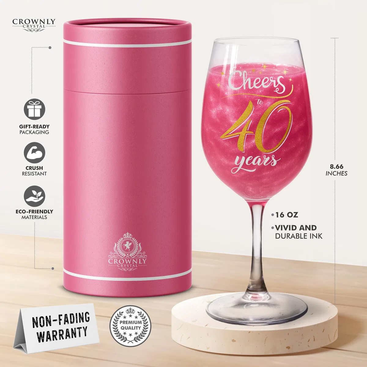 CROWNLY CRYSTAL Copa Vino Cristal Regalo Personalizado Mujer 40 Años Cheers To 40 Years Cumpleaños Mujer Aniversario Brindis Elegante Copa Para Vino Cava Y Cócteles Recuerdo Especial