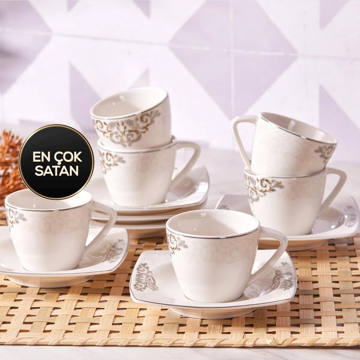 Karaca Nazende - Juego de 6 tazas de café, taza de espresso y platillo, taza de moca, taza de café turco, 12 piezas, capacidad de patrón turco tradicional