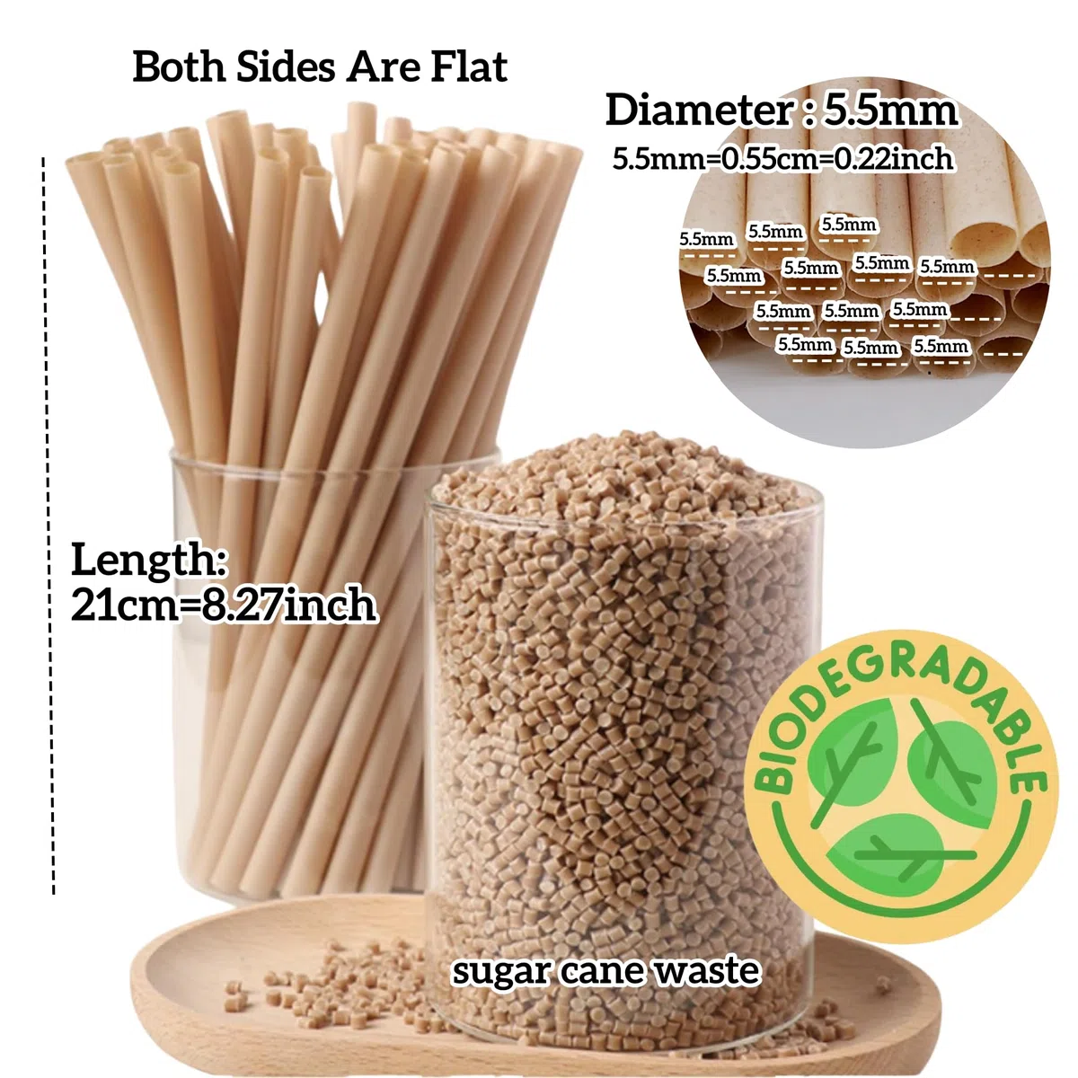 400Pcs Pajitas desechables de bagazo, pajita plana recta de 21 cm, 5,5 mm de diámetro, pajita biodegradable de caña de azúcar para fiestas, zumos de frutas, cócteles, cocina, club (400)