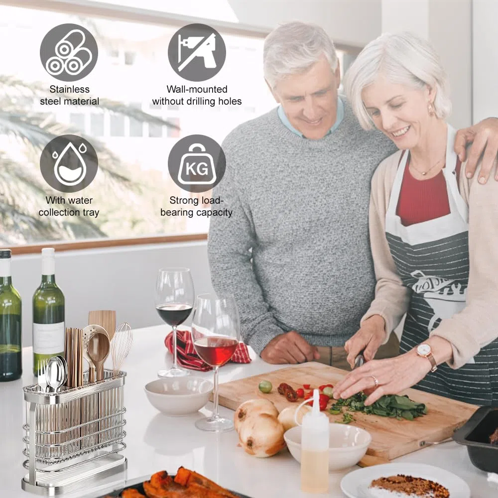 Escurridor Cubiertos, Soporte Utensilios Cocina, Cesta para Cubiertos de Acero Inoxidable, 3 Compartimentos, Sin Necesidad de Taladrar, de Pared, Extraíble, con Bandeja Recogegotas, Plata