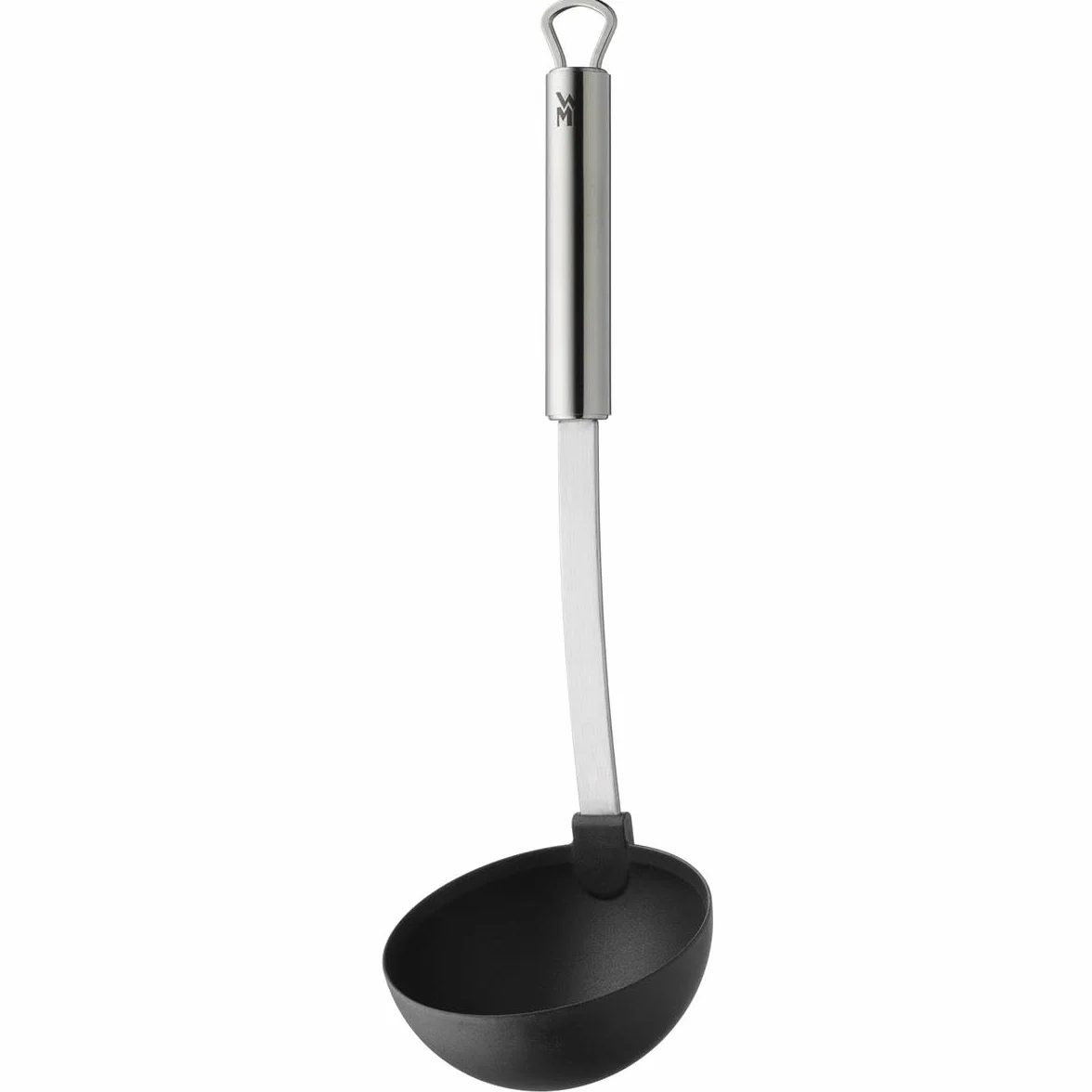 WMF Profi Plus - Cuchara Sopera Ø 9 cm 30cm, Silicona Negra, Mango de Acero Inoxidable Cromargan, Apto para Lavavajillas