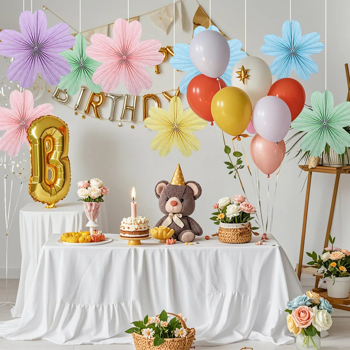 9 Piezas Flores de Papel Decoración de Fiesta, Flor de Decoracion Fiesta de Pared Colgante, Hecho a Mano Flor de Abanicos de Papel, Adecuado para La Decoración de Cumpleaños