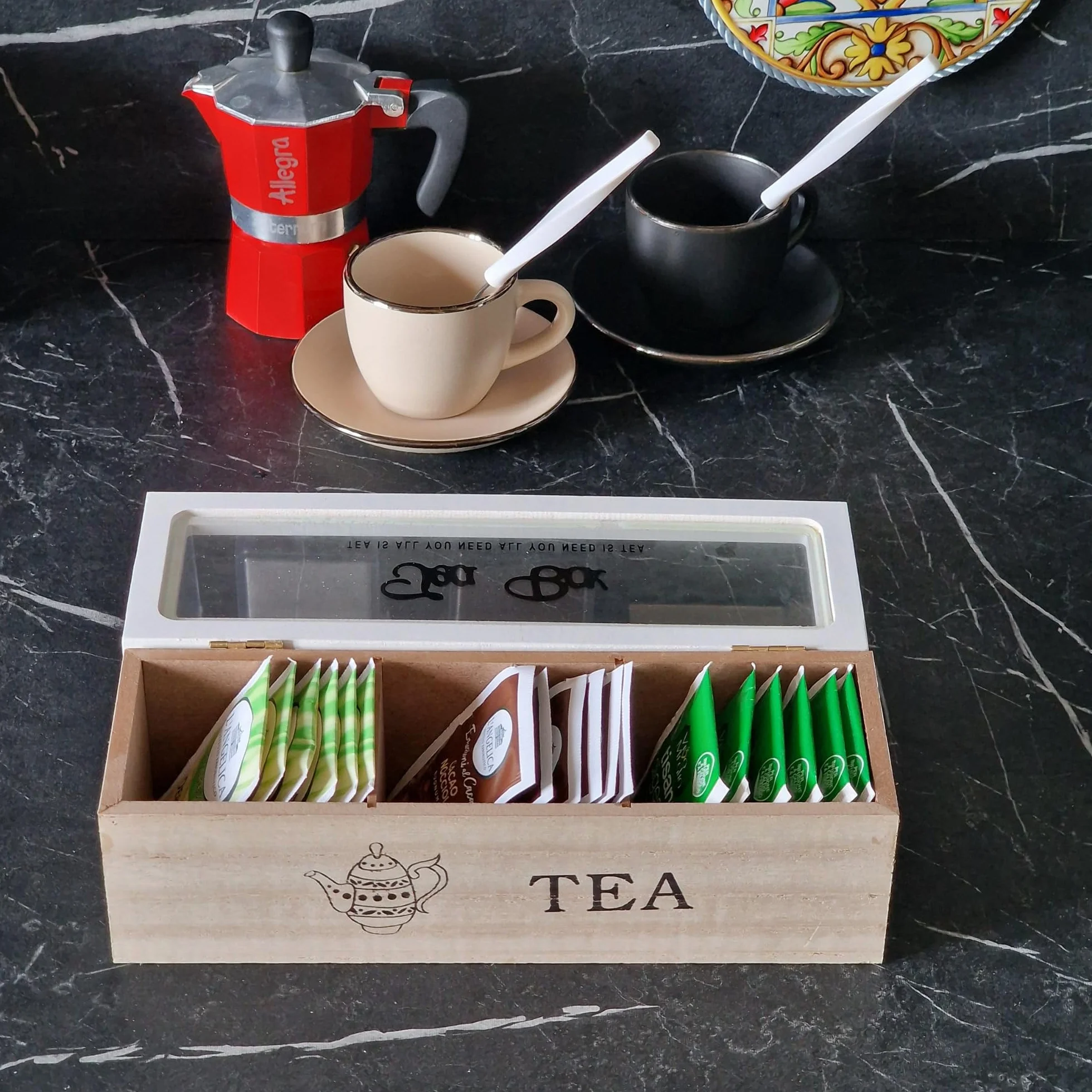 Caja portar infusiones de madera, 3 Tea Box, bolsitas blancas 24 x 8 x 7 cm