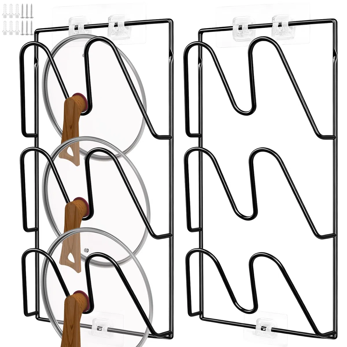 Juego de 2 Soporte Tapas Ollas Autoadhesivo con 3 Ranuras, Organizador Sartenes y Ollas Pared, Estante Almacenamiento Puerta Armario de Utilización Eficiente Espacio Cocina