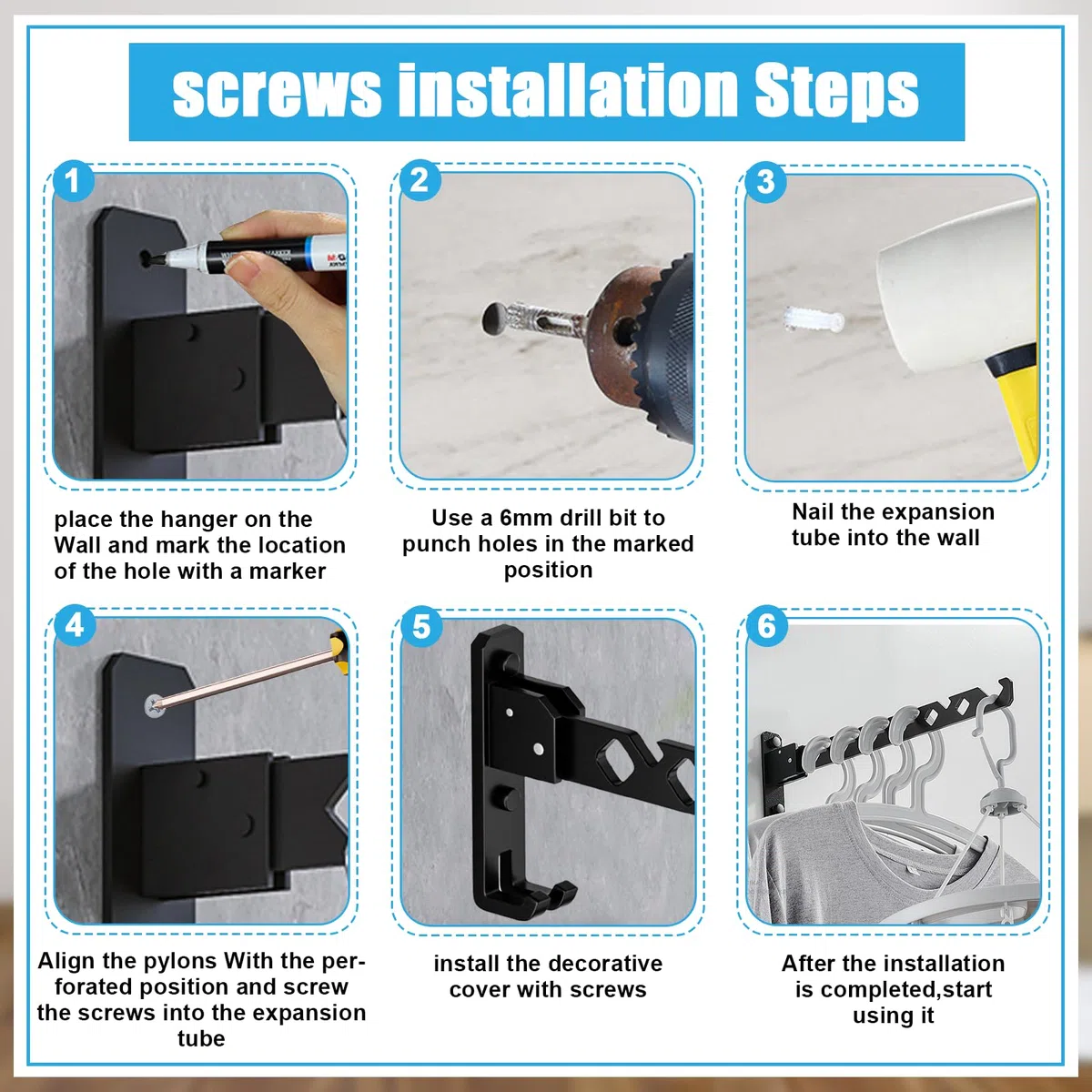 HEKOBAG Perchero de Pared Plegable, Colgador de Ropa Montado en Pared, Gancho para Ropa de Aleación de Aluminio, Perchas para Balcón, Lavandería, Baño - Negro