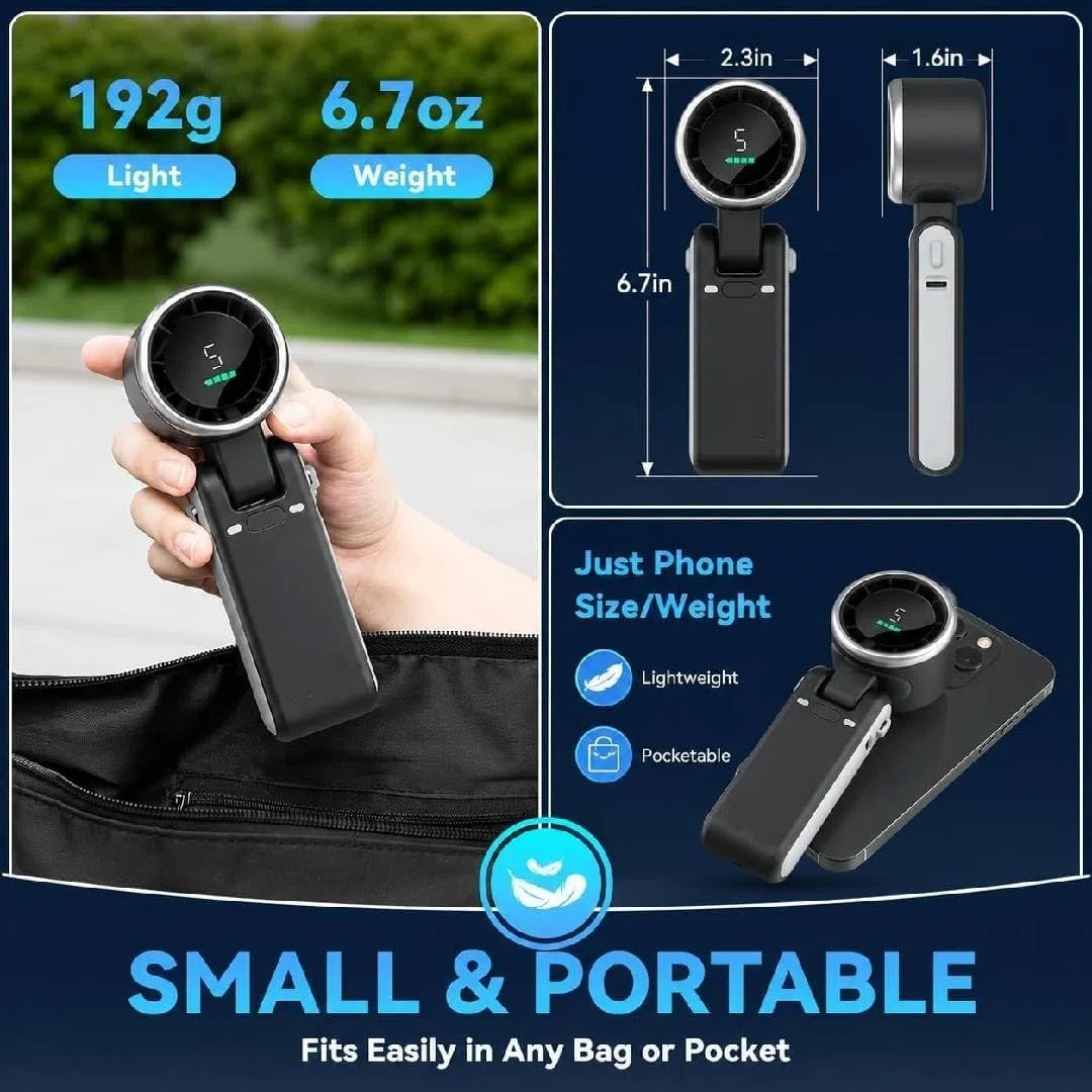 Ventilador de mano portátil, Enfriamiento de Alta Velocidad, 5 Velocidades, Batería Recargable, Hasta 8 Horas, Mini Ventilador para Viajes, Oficina, Exterior, Negro