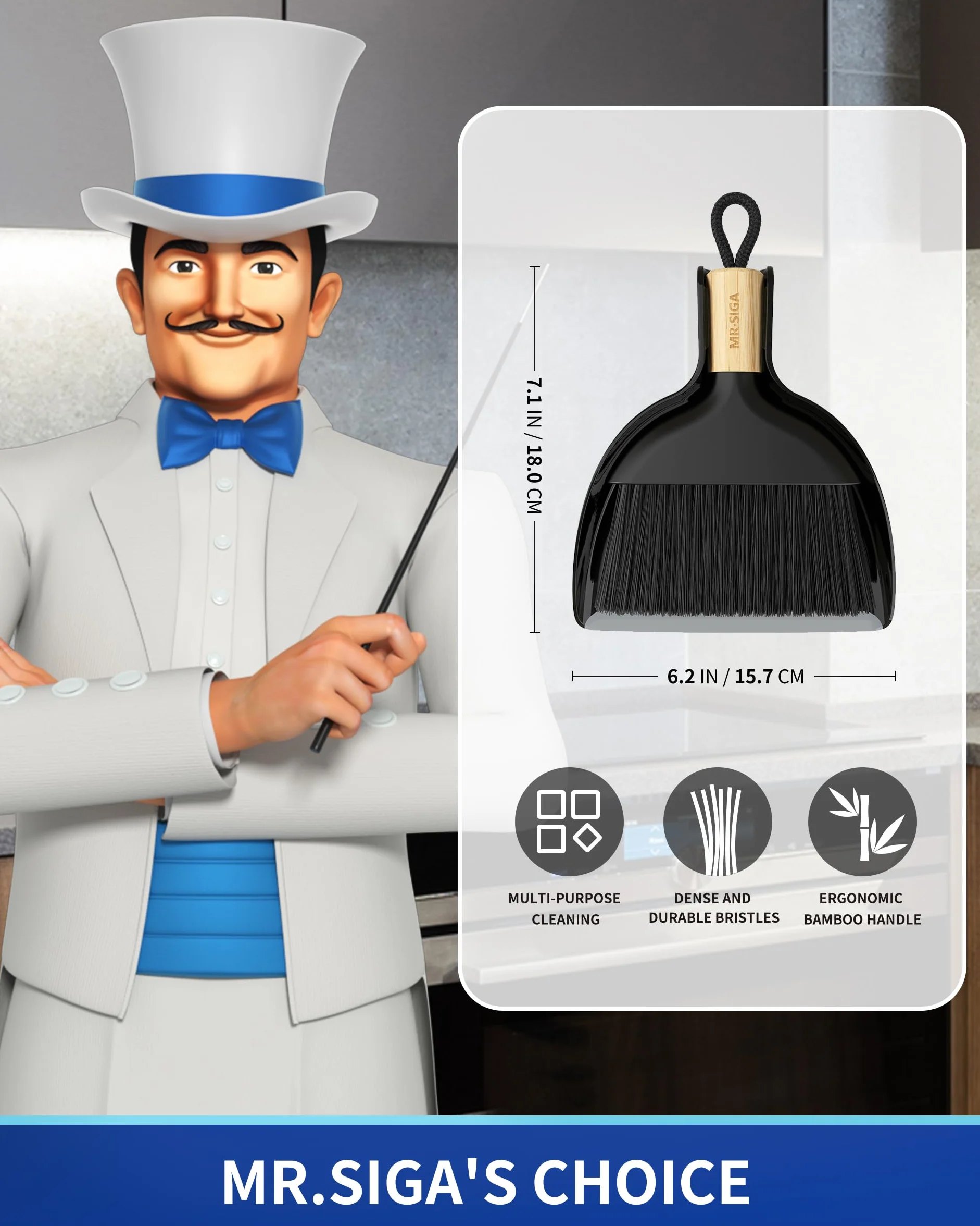 MR.SIGA Mini Juego de Cepillo y Recogedor, Combo de Cepillo y Recogedor Portátil con Mango de Bambú, Negro, 1 Juego
