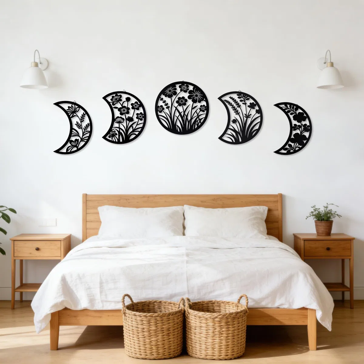 Larber 5PCS Metal Negro Fase de la Luna Muro Decoración 18-25CM Fase de la Luna con Siluetas Florales y de Hierbas Boho Arte Estético Lunar para Dormitorio Regalo Baño Restaurante Pared