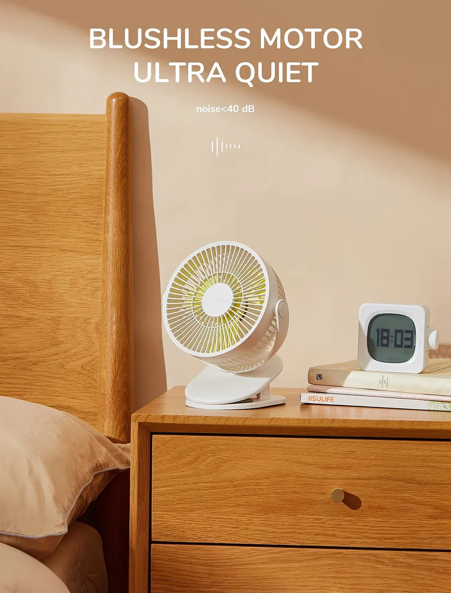 JISULIFE Mini Ventilador USB Pinza, Portatil Ventilador Potente Clip, 4000mAh Batería Recargable, 4 Velocidades, Máx 14 horas, Ventilador Pequeño y Silencioso Mesa para Cama, Cochecito de Bebé-Blanco