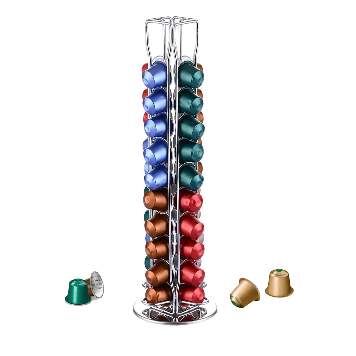 YGJT Soportes para Cápsulas de Café Nespresso, para Contener 40 Piezas Café 360 Grados Giratorio Cápsulas, Cromo Plateado Elegante con Acero Inoxidable, 11.5x11.5x39cm, Accesorios Cocina
