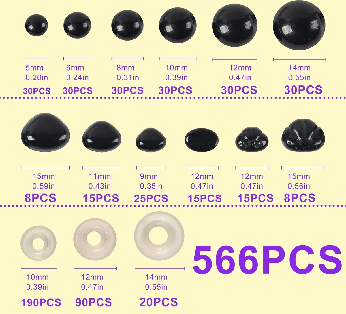 Kit de Ojos de Seguridad para Amigurumi, 566 Unidades de Ojos y Nariz de Plástico con Arandelas,Herramienta de Instalación y Herramienta de moldeado de 10-30 mm, para Ganchillo, Crochet y Manualidades
