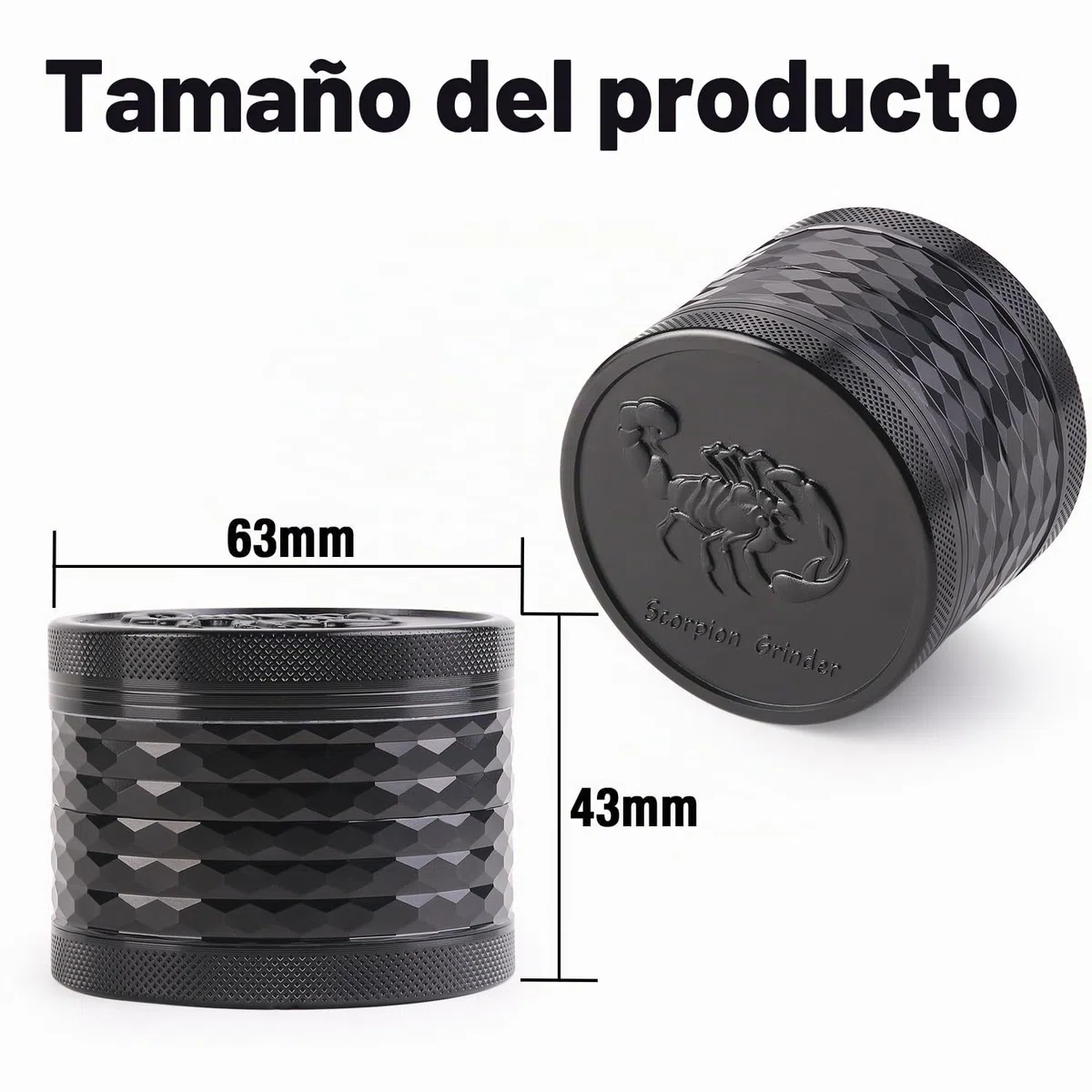 Herb Grinder, Molinillo de hierbas Premium de aluminio de 2.5 pulgadas（63mm) con escorpión grabados, 4 piezas, molinillo grande con raspador de polen (Negro)