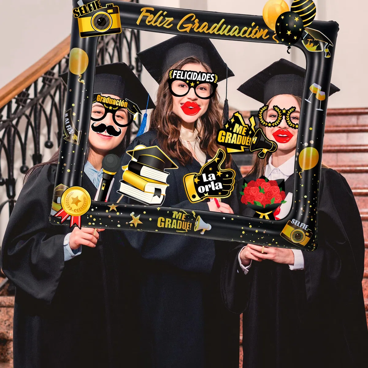 HOWAF Accesorios Photocall Graduación, Photocall Feliz Graduación Marco de Fotos Inflable Gafas para Decoracion Graduacion 2026, Oro Blanco, Set A