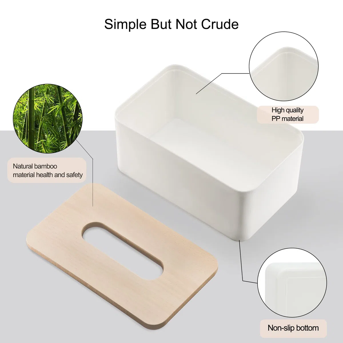 Caja para pañuelos, Caja Pañuelos Papel con Tapa de Bambú, Dispensador de Pañuelos de Papel para Baño, Salones, Coche, 21x13x10cm (Blanco)
