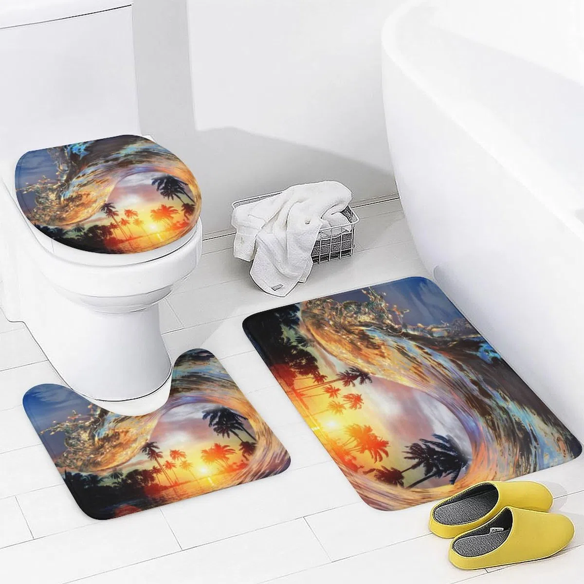 Juego de 4 cortinas de ducha impermeables con temática de surf oceánico, playa, palmeras, puesta de sol, olas con cubierta de inodoro impermeable, alfombra de ducha, 183 x 183 cm