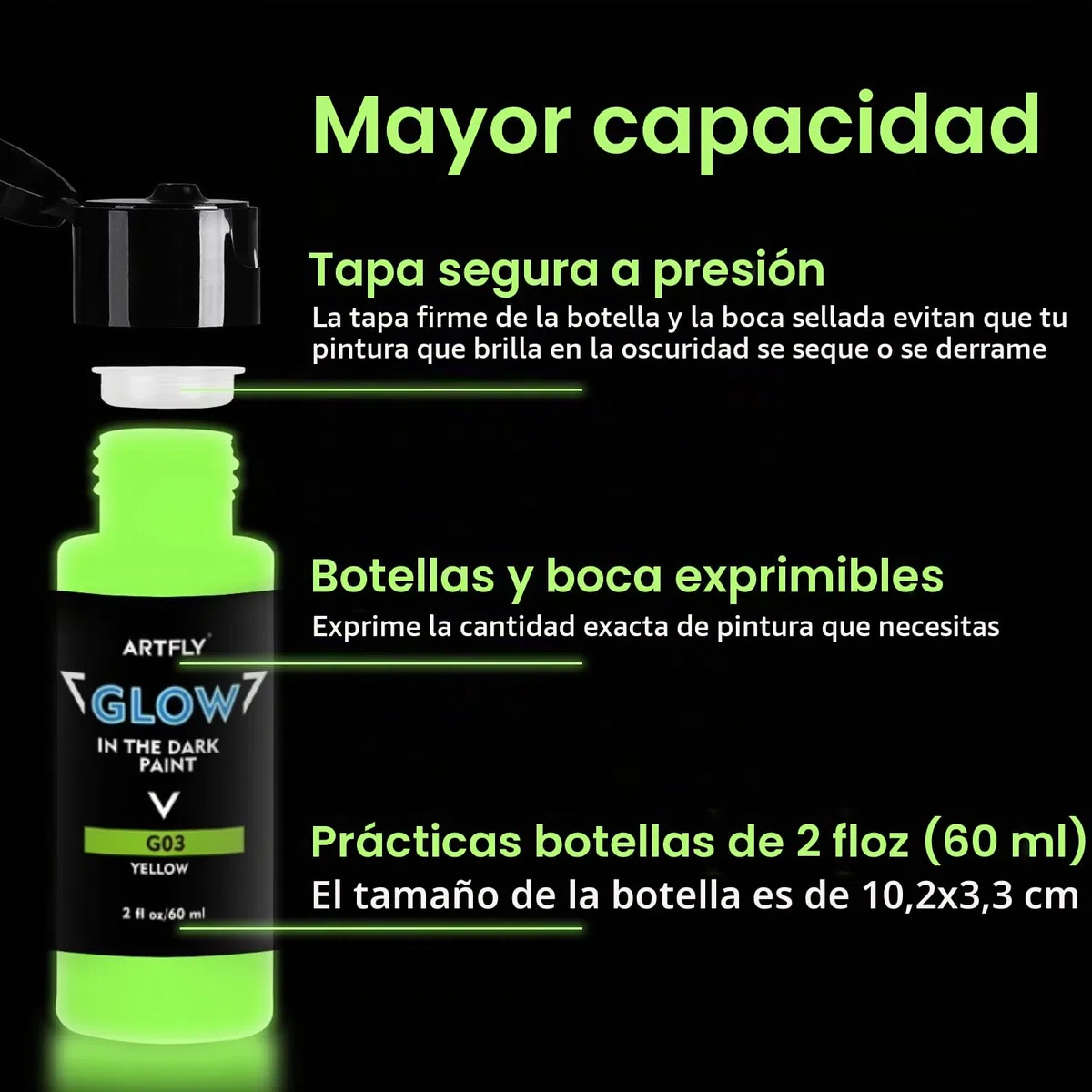 ARTFLY Glow in The Dark el juego de pintura brillante, contiene 12 colores de 60ml/2oz, con pigmentos ricos, perfecta para pintura de arte, proyectos de DIY y decolarciones festivales