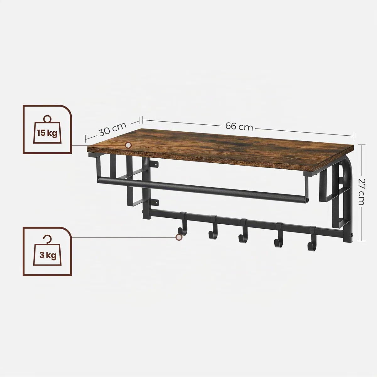 VASAGLE Perchero de Pared, Perchero Colgante con 5 Ganchos Extraíbles, Estante Montado en Pared, Barra de Colgar, para Pasillo, Dormitorio, Sala de Estar, Marrón Rústico y Negro LCR12BX