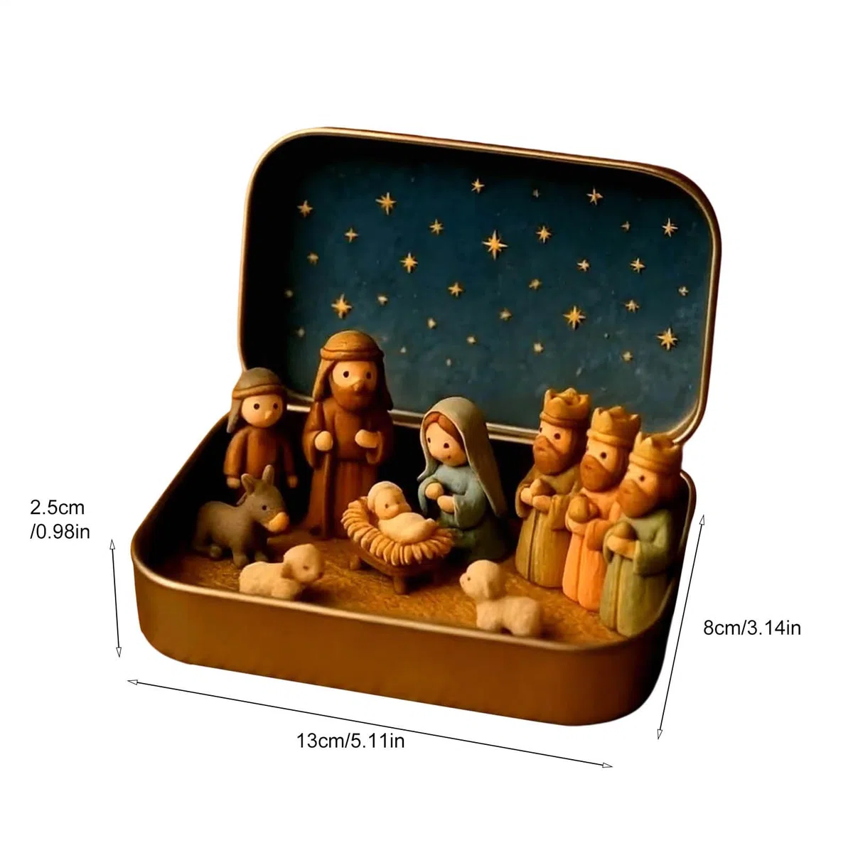 Belén bolsillo | Conjunto Natividad | Belenes navideños en miniatura en caja hojalata | Escena Belén bolsillo | Exhibición portátil figuras ovejas y Jesús Sagrada Familia para decoración interiores