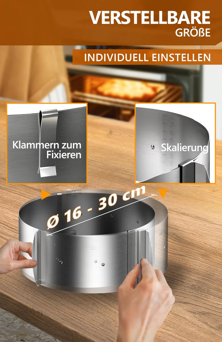 4smile Molde para tarta - Tartas de ensueño para cualquier ocasión - Molde redondo de acero inoxidable ajustable mediante pinzas - Altura: 8,5 cm – Made in Germany