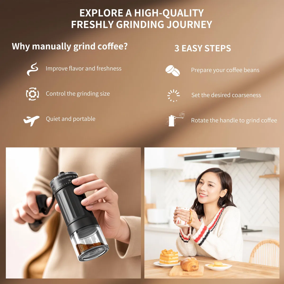 Molino de café manual externo y ajustable - Molinillo de Café Manual Grosor con 40 Ajustes y mango Plegable Inoxidable-Portátil con Capacidad de 30g diseño para Viaje, Camping, Oficina