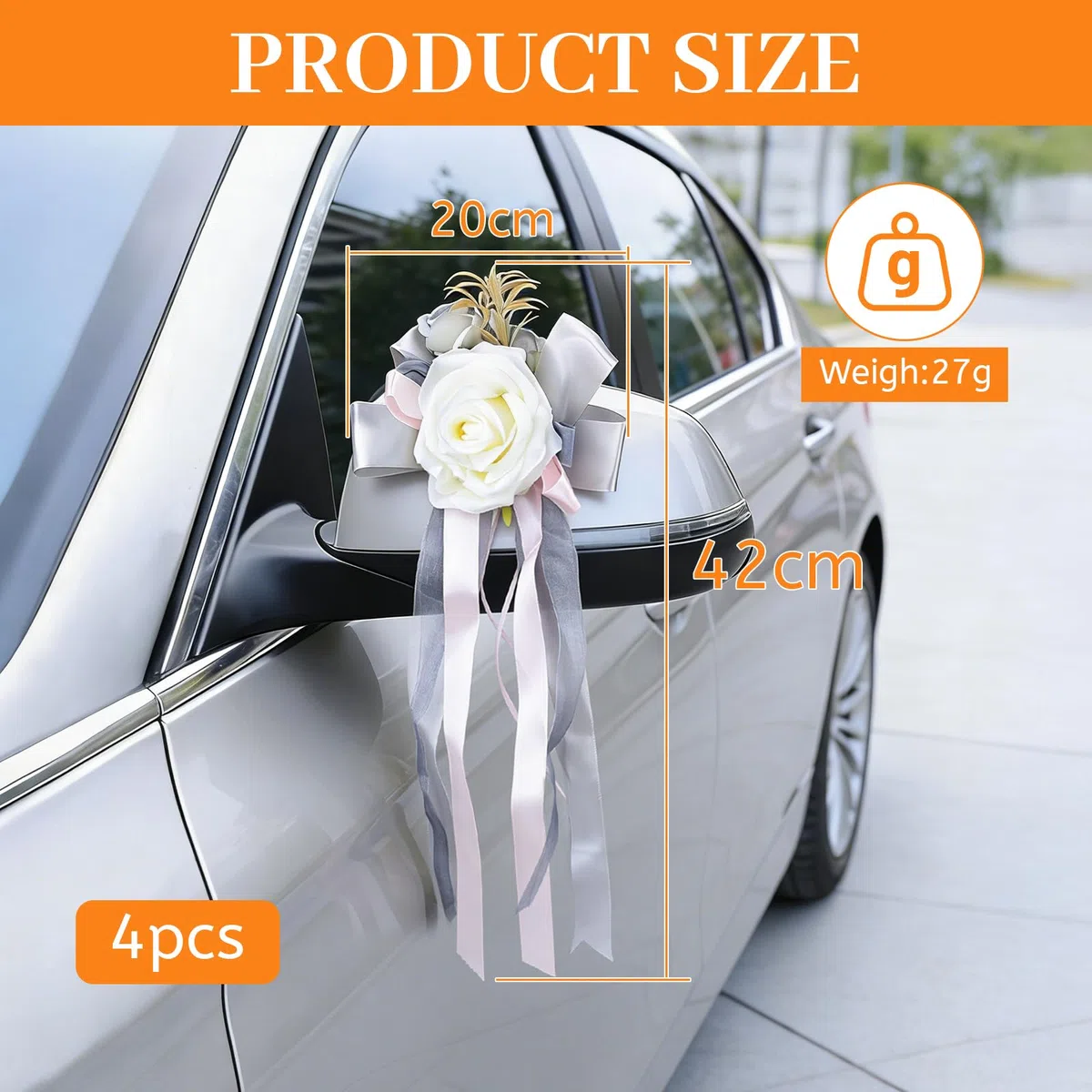 DBREAKS 4 Piezas de decoración para Coches de Boda, Floral para manillas de Puertas de Coches, Rosa Blanca Artificial con ventosas, para retrovisores