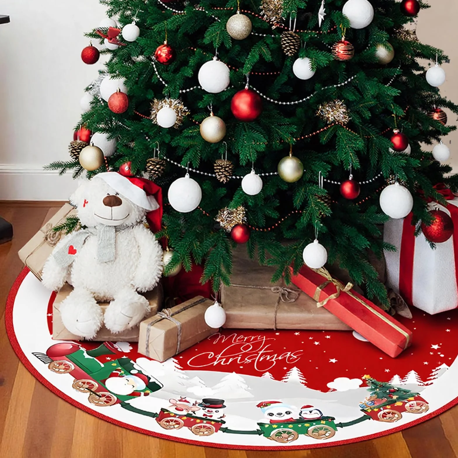 Falda de Árbol de Navidad, Alfombra de Árbol de Navidad, con Motivos de Muñecos de Nieve, Copos de Nieve y Trenes, para la Decoración Navideña del Hogar, Rojo
