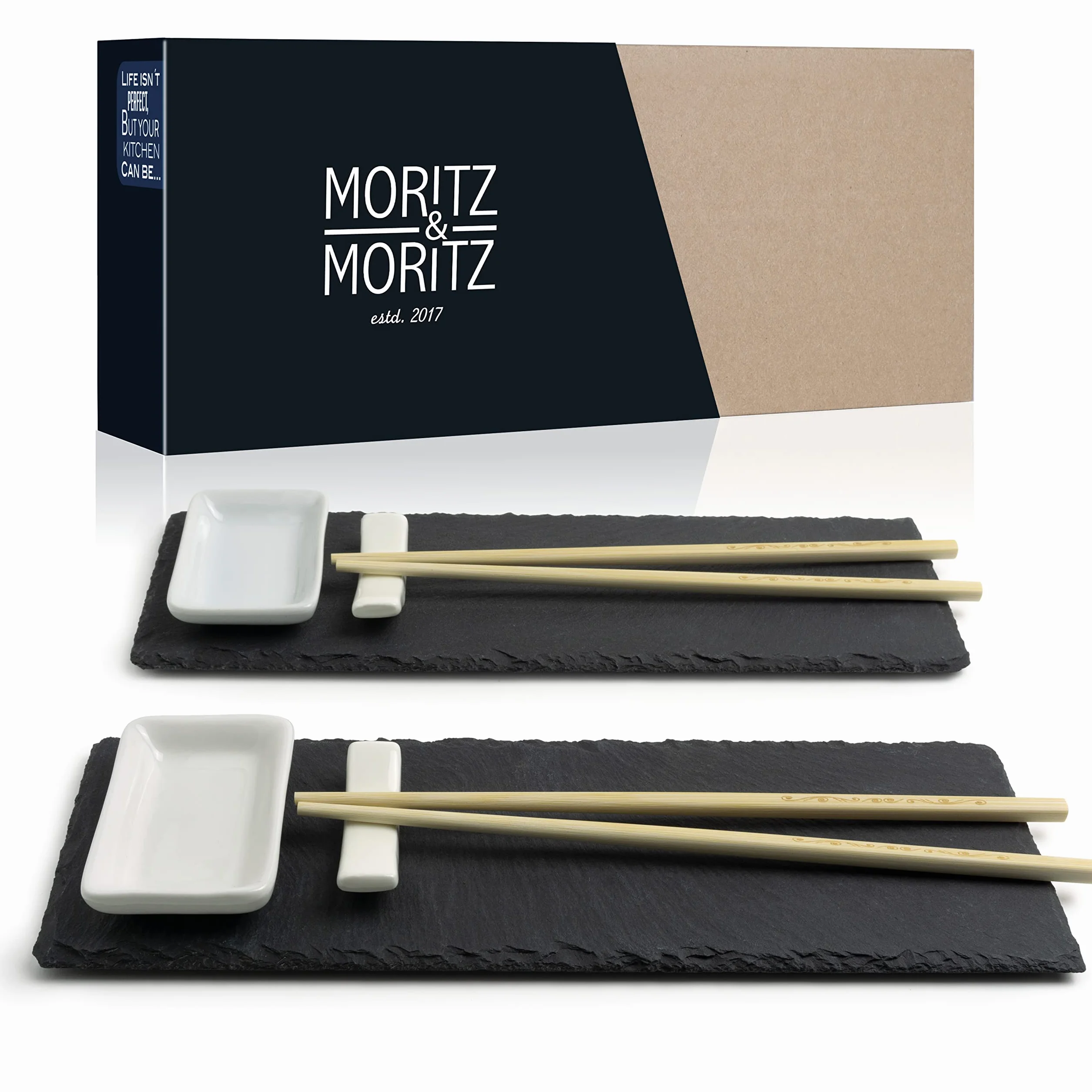 Moritz & Moritz 10 pz. Vajilla Sushi para 2 Personas - Platos Pizarra - Plates Set 10 Piezas para 2 Personas - 10x Plato para Sushi con Palillos Soporte de Palillos Cuencos para Wasabi