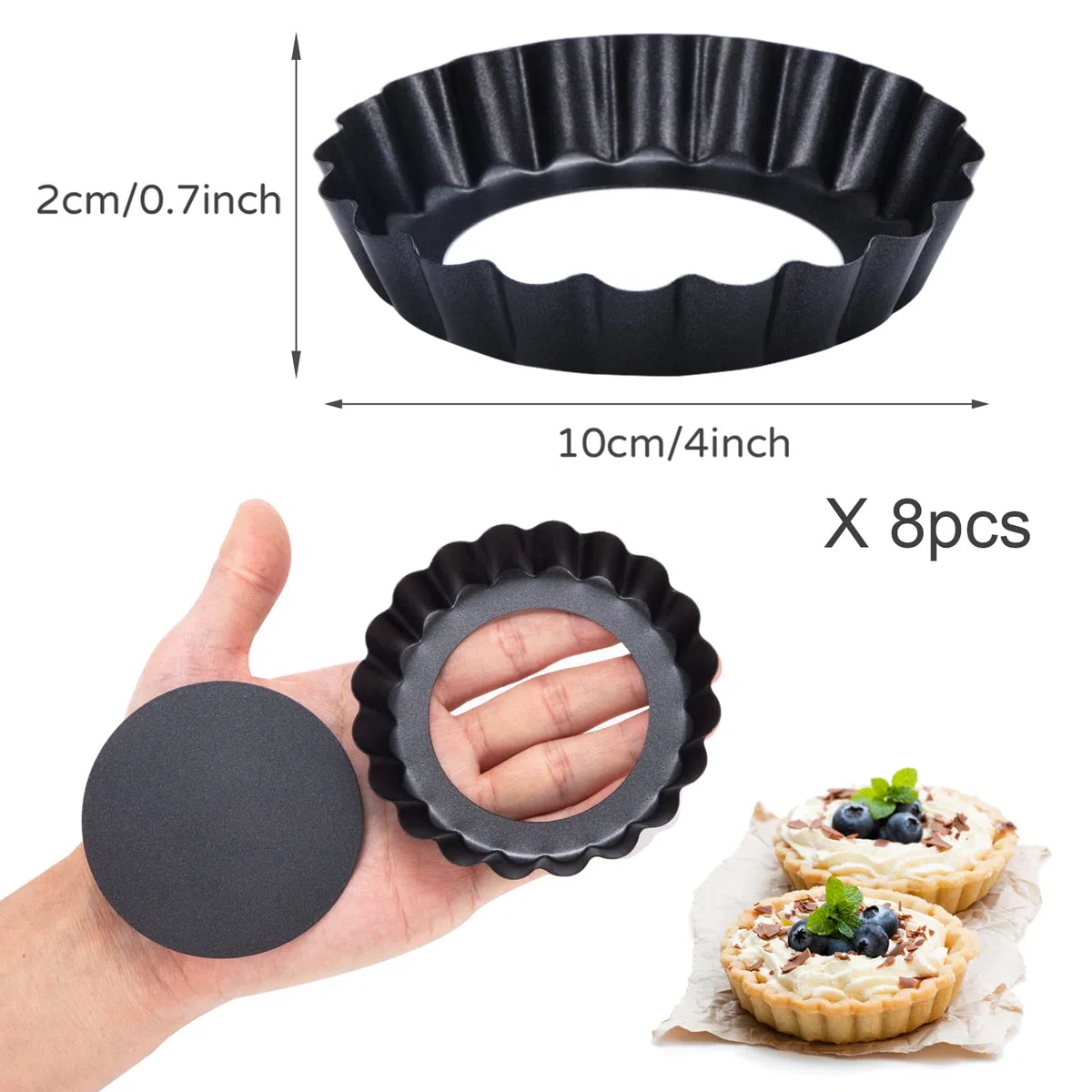 Molde Quiche Tart Pan Antiadherentes, 8 Pcs Round Molde Horno Tartaletas Pie Pan con Base Extraíble Loose Bottom, Individuales Reposteria para Hacer Pizzas, Pasteles (Diámetro 10 cm)