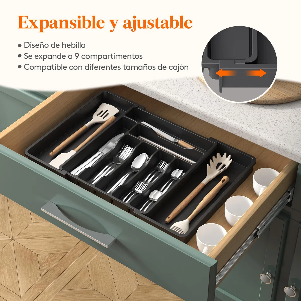 Lifewit Organizador Cuberteros para Cajon, Bandeja de Utensilios Extensible para Cocina, Separador Vajilla de Plástico para Almacenaje Cocina,Guarda Cuchillo Cuchara Tenedor,Mediano,Paquete de 2,Negro