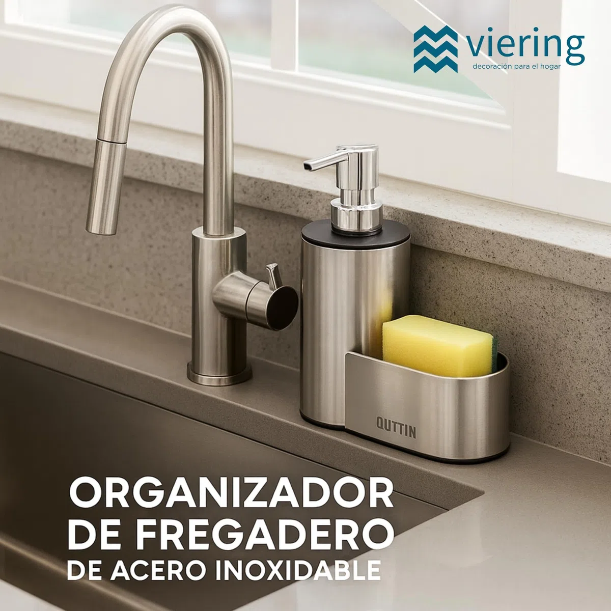 Organizador de Fregadero de Cocina de Acero Inoxidable con dispensador de jabón Integrado–Porta estropajos y cepillos–Accesorio Resistente, Elegante y práctico–18,5 cm x 14,2 cm x 6,3 cm (Compacto)