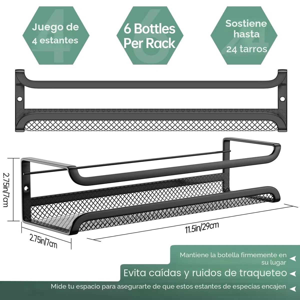 TRAYINDALY Especieros Para Cocina, 4 Piezas Especiero Pared, Organizador Cocina Con 4 Ganchos Móviles, Organizador Especias Cocina Sin Taladrar, Spice Rack Negro para Cocina Armarios y Baño