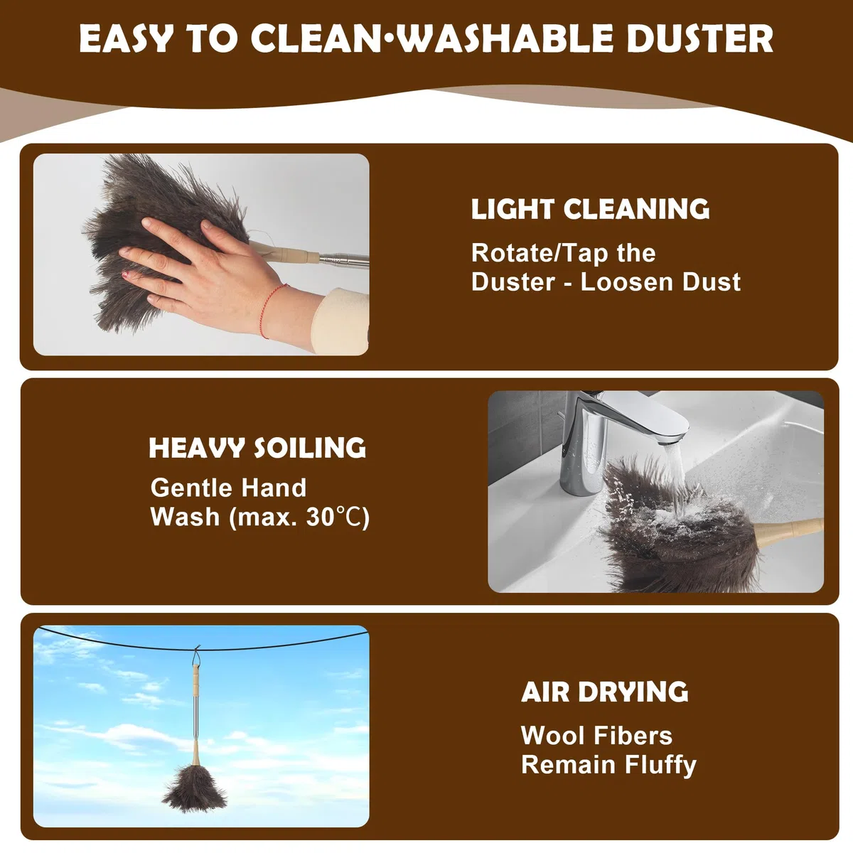 Plumero de Plumas de Avestruz, Plumero Telescopico Extensible hasta 186 cm,Lavable, Antiestático, no Raya, con Mango de, para Techos, Ventiladores de Techo, Muebles, Coches y Superficies