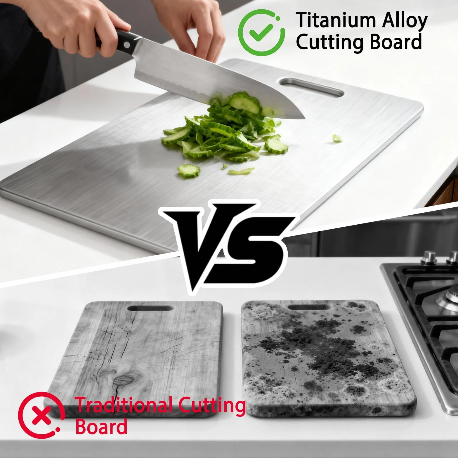 Vexna 3 Piezas Tabla de Cortar de Titanio, Resistente y Fácil de Limpiar Apta para Lavavajillas, 316 Acero Inoxidable Tabla de Cocina Doble Cara de Grado Alimenticio, para Carne, Verduras,Frutas y Pan