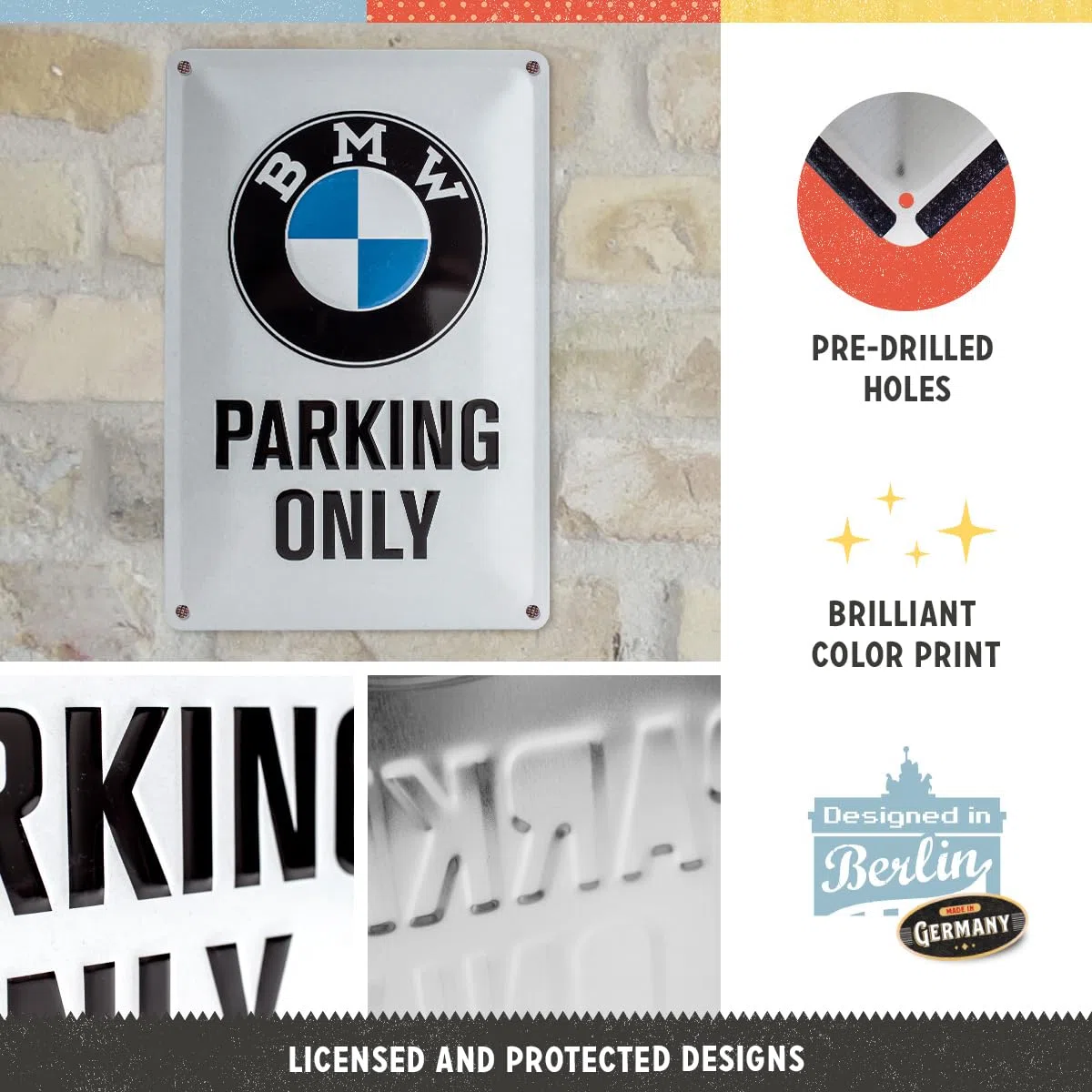 Nostalgic Art BMW Parking Only White - Placa Decorativa, Metal, 20 x 30 cm, Color Blanco y Azul