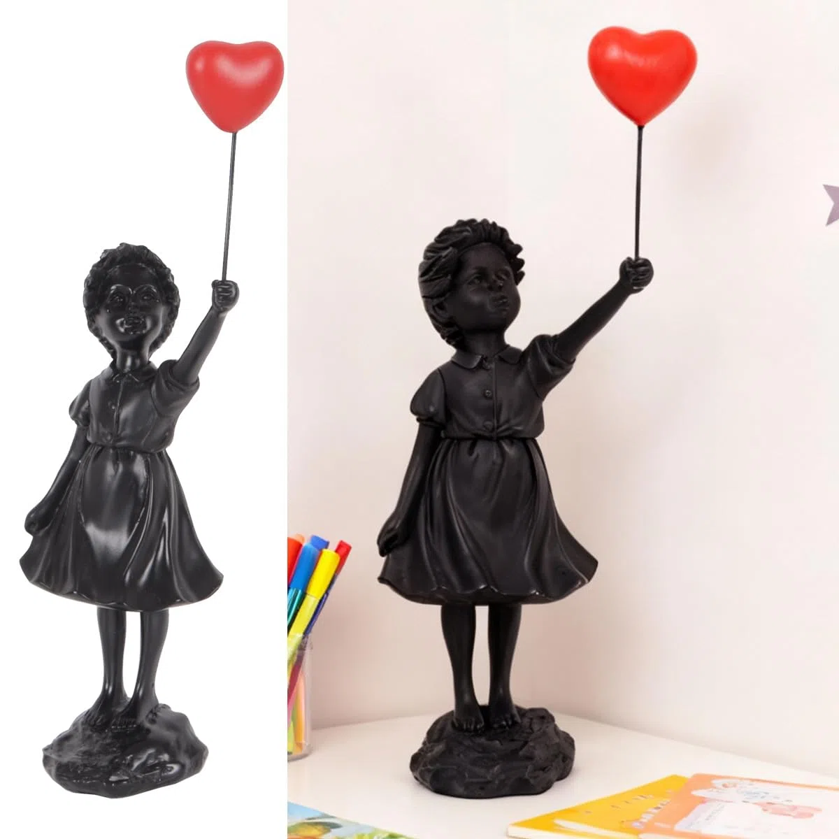 Alide Escultura de resina de niña con globo para decoración del hogar, figura de niña con globo de corazón rojo, escultura de arte moderno para decoración de mesa y estantería.