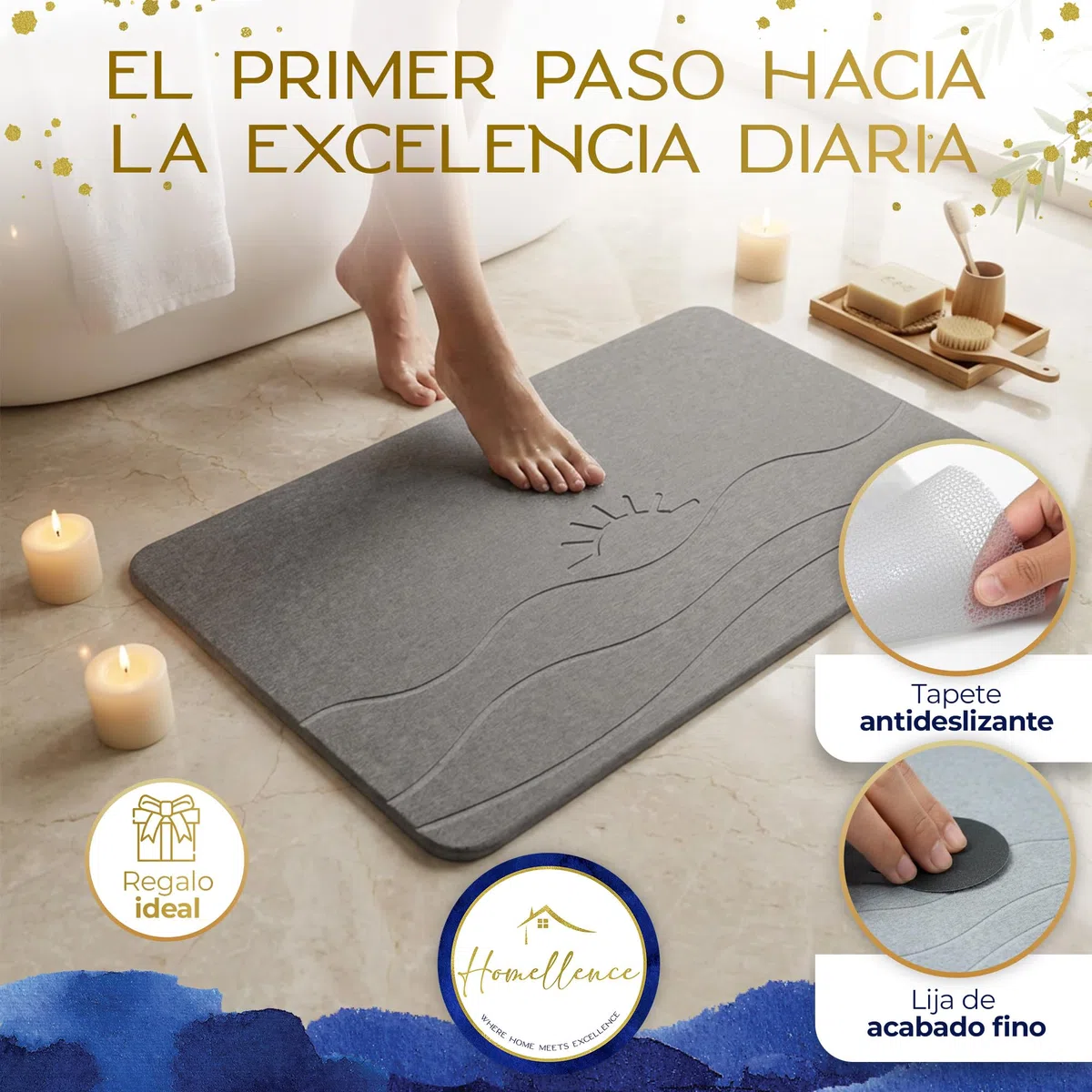 Homellence Alfombra Diatomita Baño 60x39 cm Secado Rápido Antideslizante Higiénica - Alfombrilla Diatomita Antibacteriana Absorbente - Alfombra Baño Piedra - Stone Bath Mat (Solaris Aura)