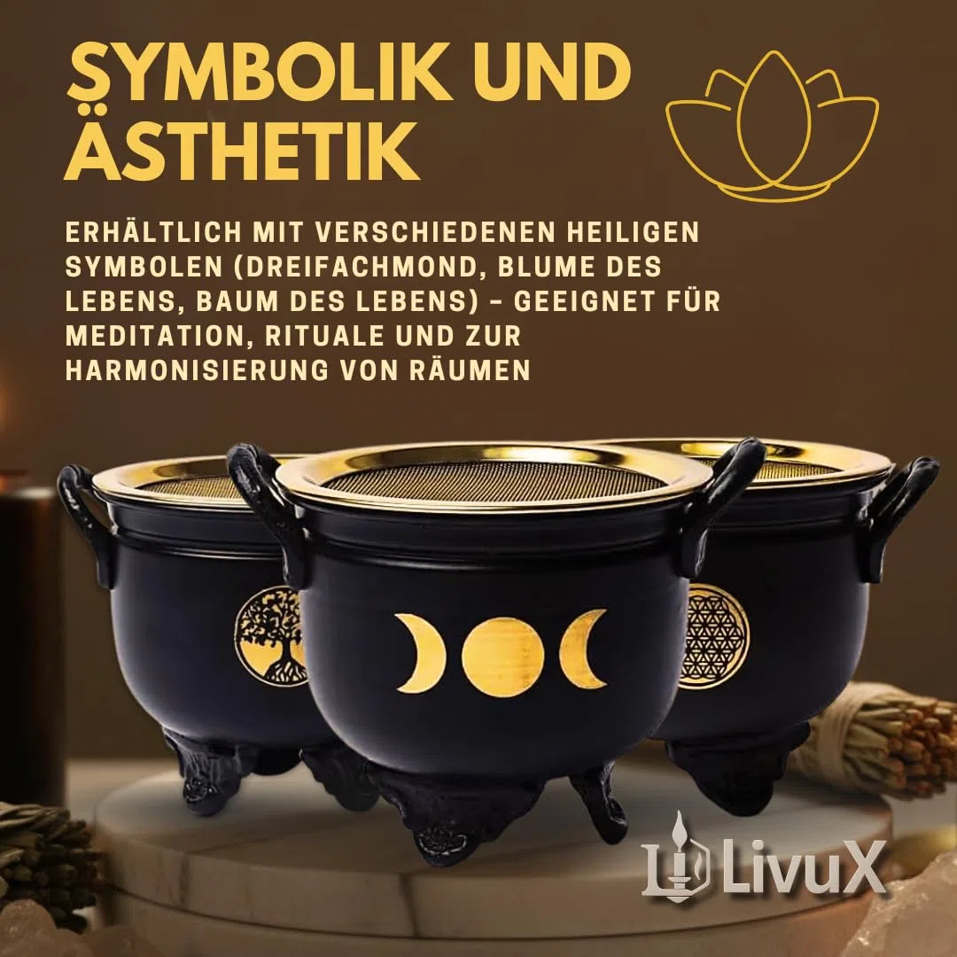 LivuX Hervidor de incienso de fases lunares con colador, quemador de incienso de hierro, diámetro de 9,5 cm, caldero ritual estable, ideal para ahumado, resina y hierbas, accesorio mágico para