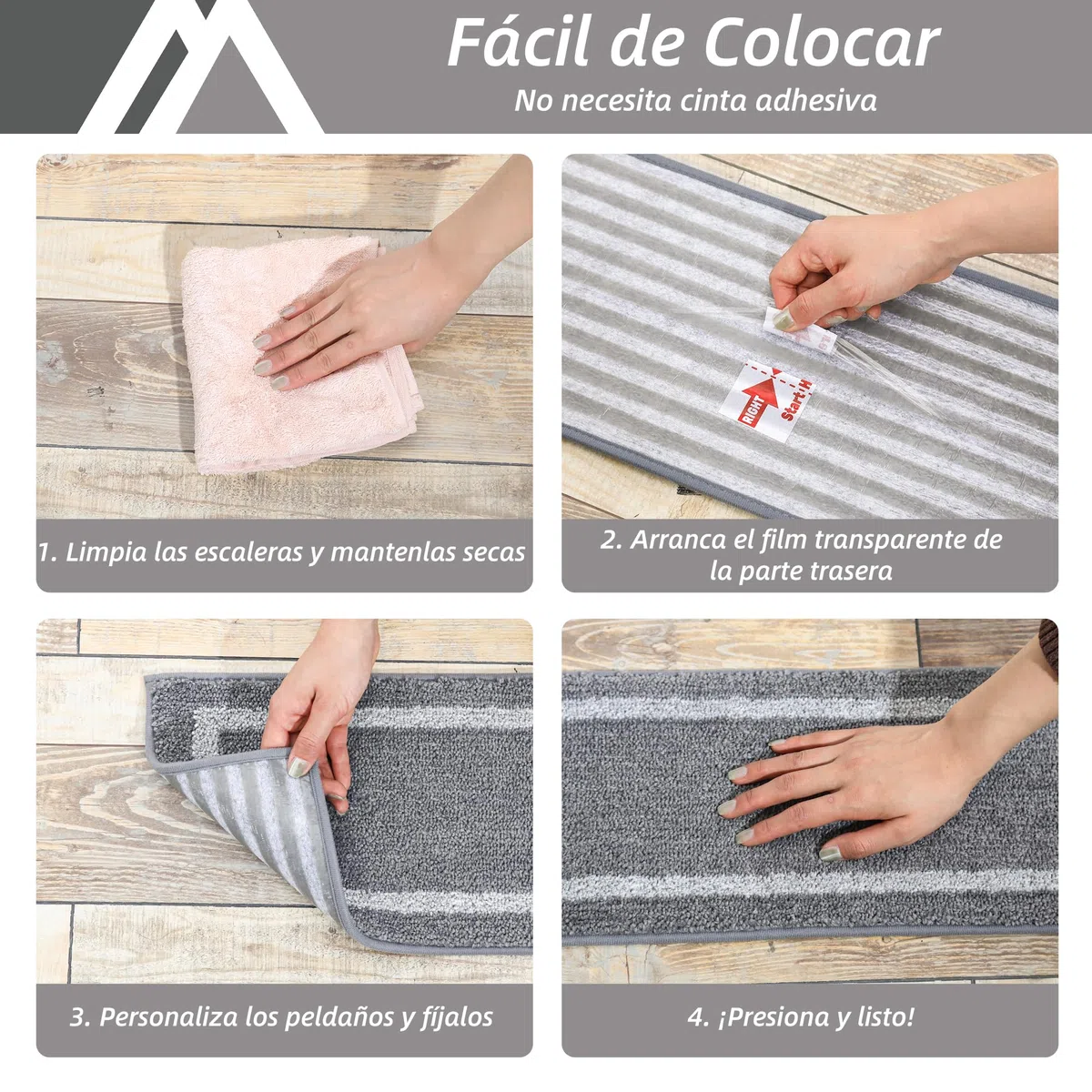 COSY HOMEER Alfombrillas para Escalones, 70 x 22 cm, 4 Piezas, Autoadhesivas, Alfombra Antideslizante para Escaleras de Estilo Retro en TPE, Lavables en Lavadora 100% Poliéster, Gris