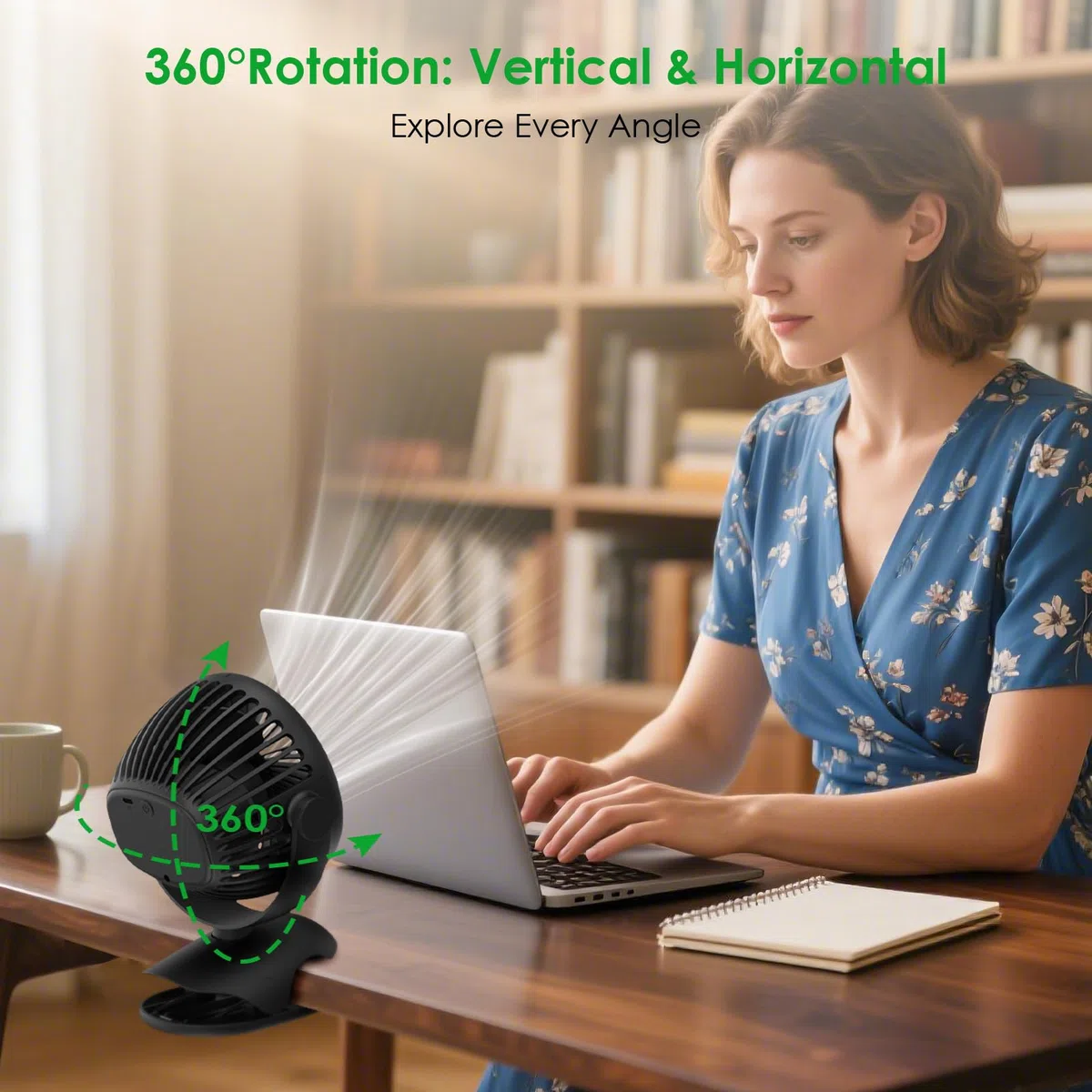 Minthouz Ventilador USB C con Pinza 7200mAh Recargable, 4 Velocidades, Rotación 360°, Silencioso, 25H Batería, Mini Portátil de Escritorio y Mesa para Oficina/Camping/Cochecito/Hogar