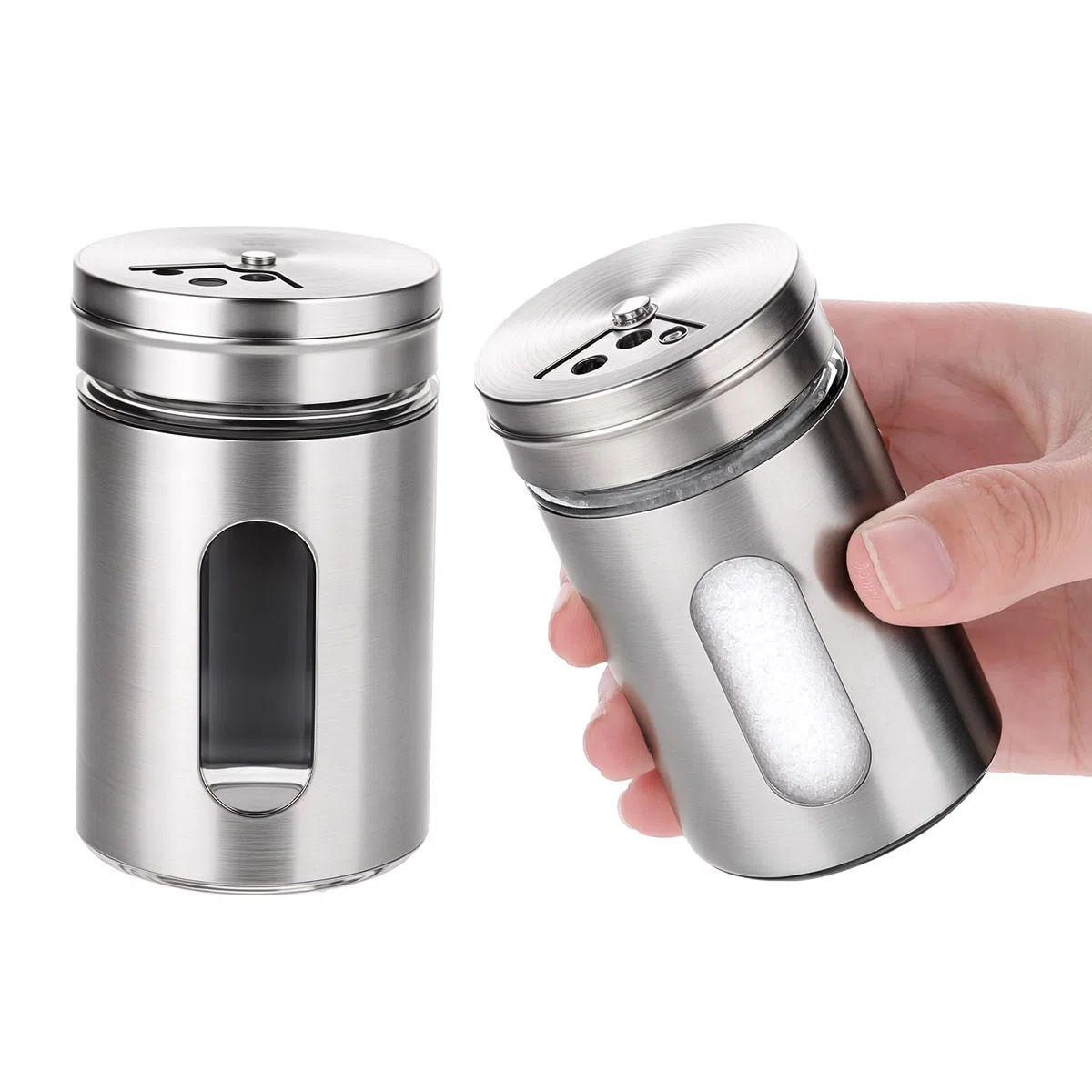 Juego de 2 saleros y pimenteros con agujeros de vertido ajustables con tapa de acero inoxidable, dispensador de especias de acero inoxidable, ideal para Himalaya rosa, sal de mesa, pimienta negra y