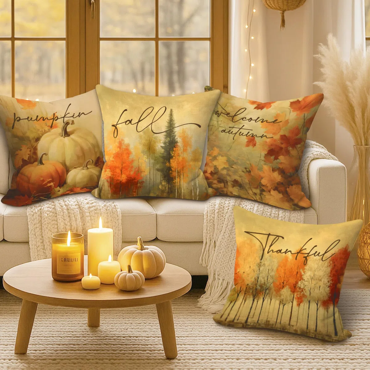 Benjia Juego de 4 Fundas Cojin Otoño 45x45 cm, Acuarela Calabaza Forest Hoja de Arce Fundas de Almohada día de Gracias Halloween sofá Decoración Hogar 45 x 45 cm Decorativa de Almohada de Vacaciones