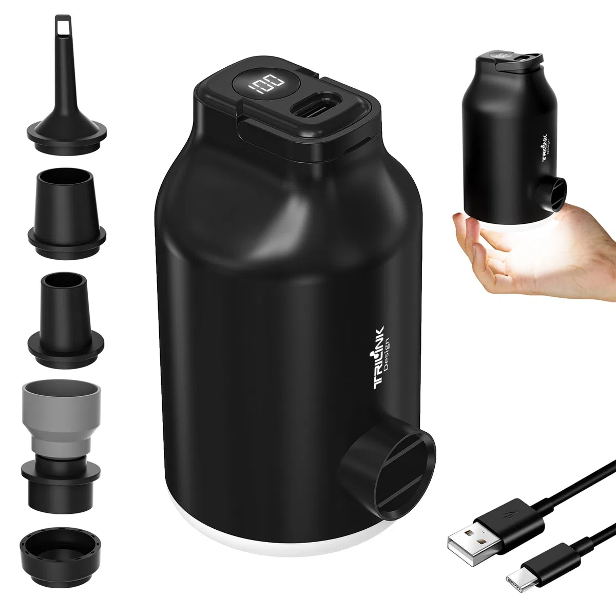 Bomba de Aire Eléctrica para Bolsas Vacío Ropa, Hinchador Colchon Inflable - Mini Portatil, Luz LED, Inflado & Desinflado Rápido con 5 Boquillas para Camas Hinchables, Piscina Hinchable