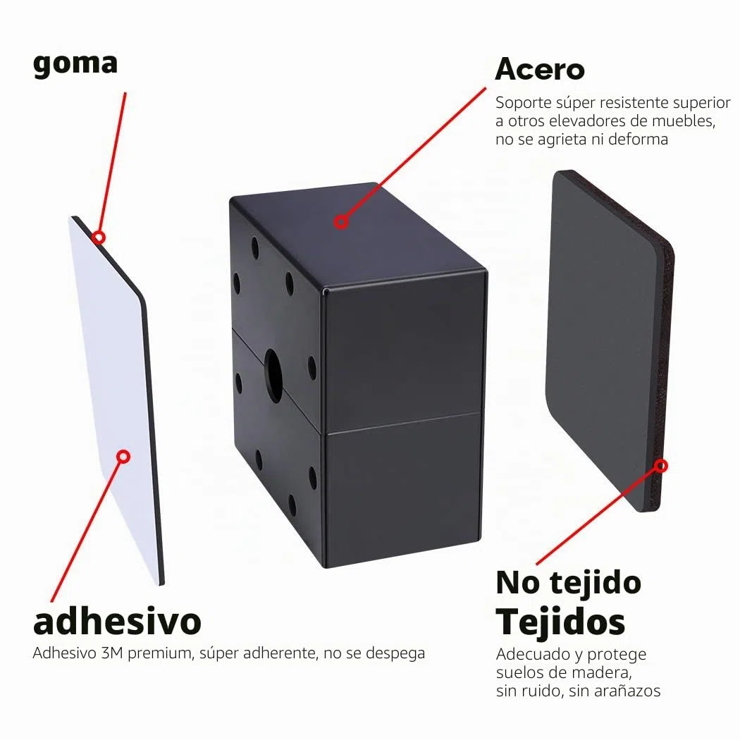 Ezprotekt Elevadores de Muebles de 5 cm, Elevadores de Cama de Acero al Carbono, 8 cm de Largo, Autoadhesivos, Resistentes, Añade 5 cm de Altura a Las Camas y Sofás, Cuadrado Negro