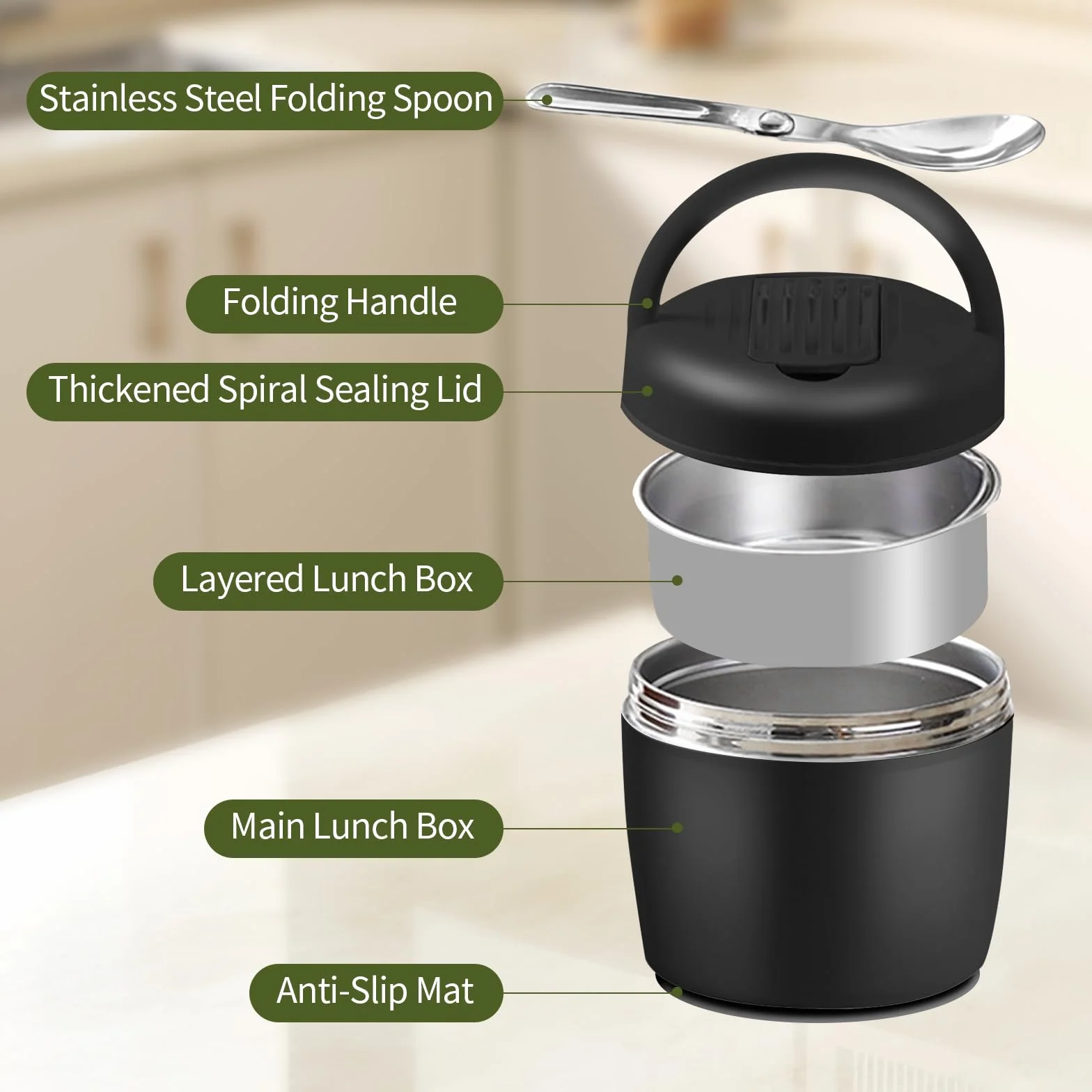 Fiambrera Térmica, para Sopas, Gachas, Almuerzos, Ideal para Adultos y Niños, Termo Comida Caliente 1200ml, Recipiente Térmico de Acero Inoxidable con Cuchara Plegable