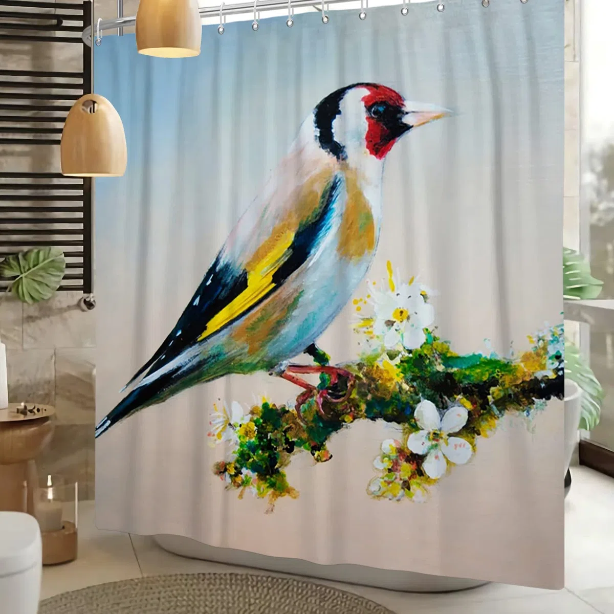 165x180cm Ländlich Vögel Drucken Duschvorhang Stieglitz on Äste Weiß Blume Weinlese Original Öl Klassische Malerei Kunstwerk Badezimmer Vorhang für Badewannen Dekor Sets mit Haken