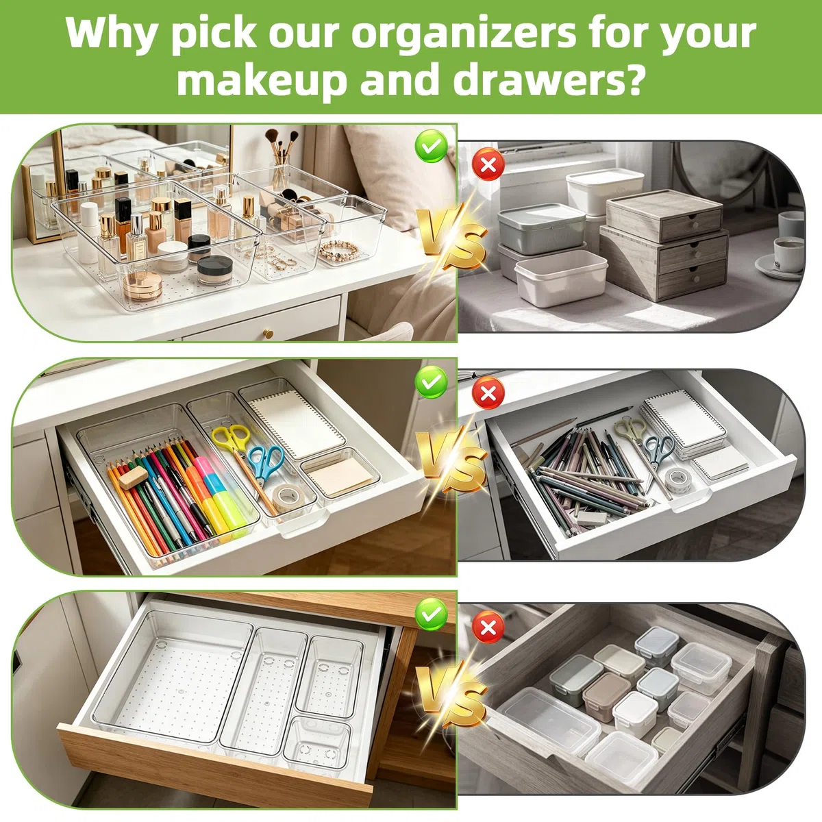 28 Piezas Organizadores de Cajones, Organizador de Maquillaje de Plástico Transparente con 4 tamaños, Bandejas de Almacenaje para Maquillaje, Cocina, Tocador, Oficina