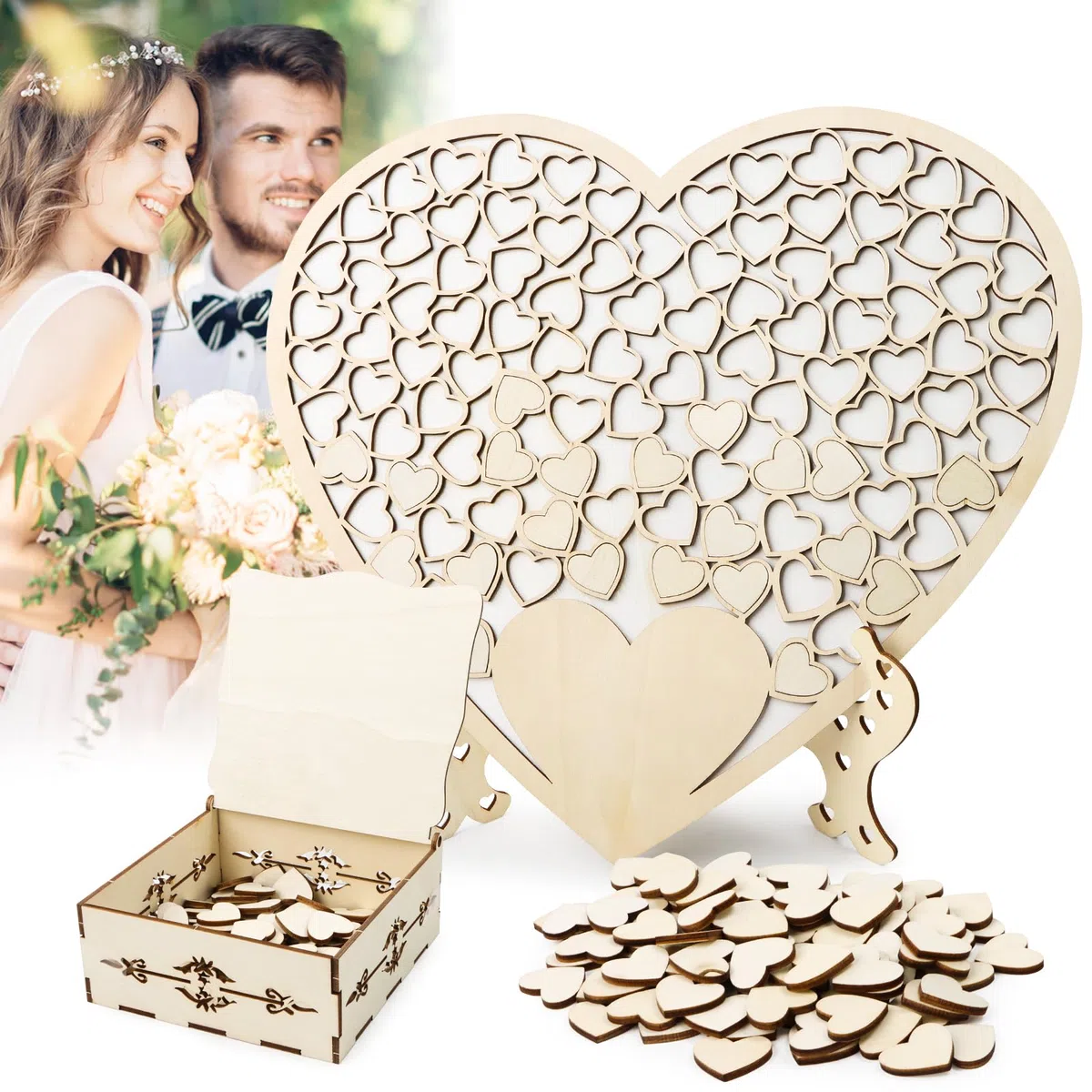 Libro de visitas para boda personalizado de madera, con corazones, alternativa con base, caja de almacenamiento y 100 tarjetas de firma de corazón de madera, decoración de boda