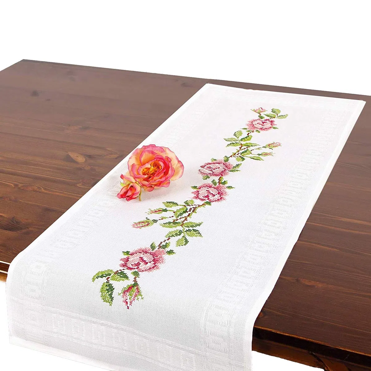 Kit de bordado de rosas rosas, juego completo de camino de mesa, kit de bordado de costura para adultos, bordado de punto de cruz