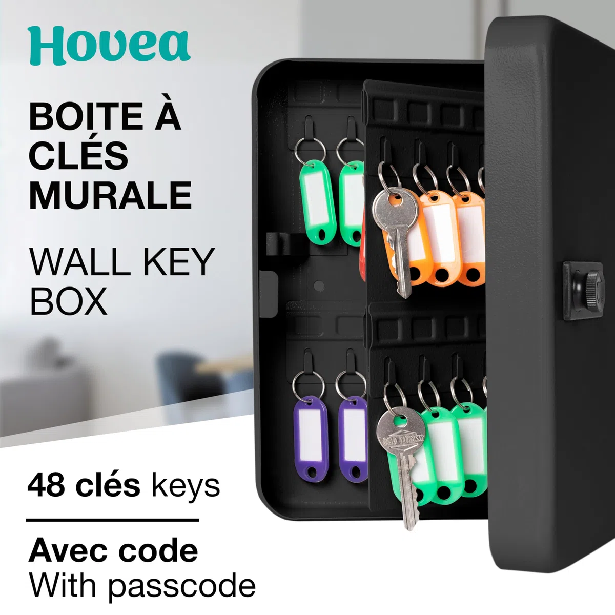 Caja para llaves de pared con código - 48 ganchos - Armario de llaves seguro - Para llaves de casa y coche - Con 48 llaveros de colores - Metal - Negro - BKY481