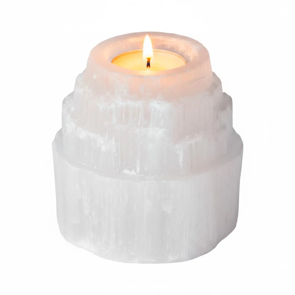 AROMASENSES | Portavelas Selenita Catedral | Piedra Natural | Limpieza Energética y Armonía | Ideal Para Meditación, Rituales y Decoración Zen